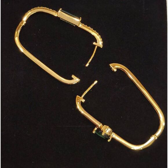 Rectangle Hoop Earrings 14K Gold Plated Sterling Silver Cubic Zirconia - Picture 5 of 5